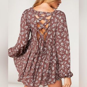 Dusty Mauve Floral Print Bubble Sleeve Top, Lace Up Open Back Detail, small